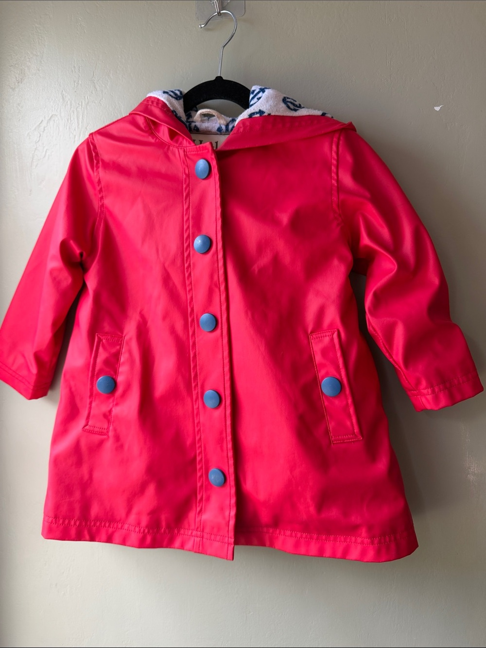 Hatley Girls' Bright Red Hooded Raincoat with Blue Snap Details Size 3